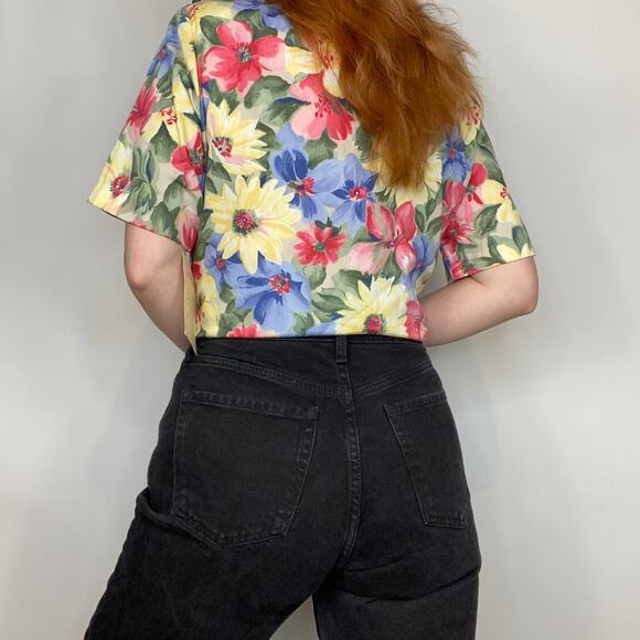 Vintage 90s Cristin Stevens Deadstock Neutral Floating Floral Print Blouse Tee - Picture 4 of 12